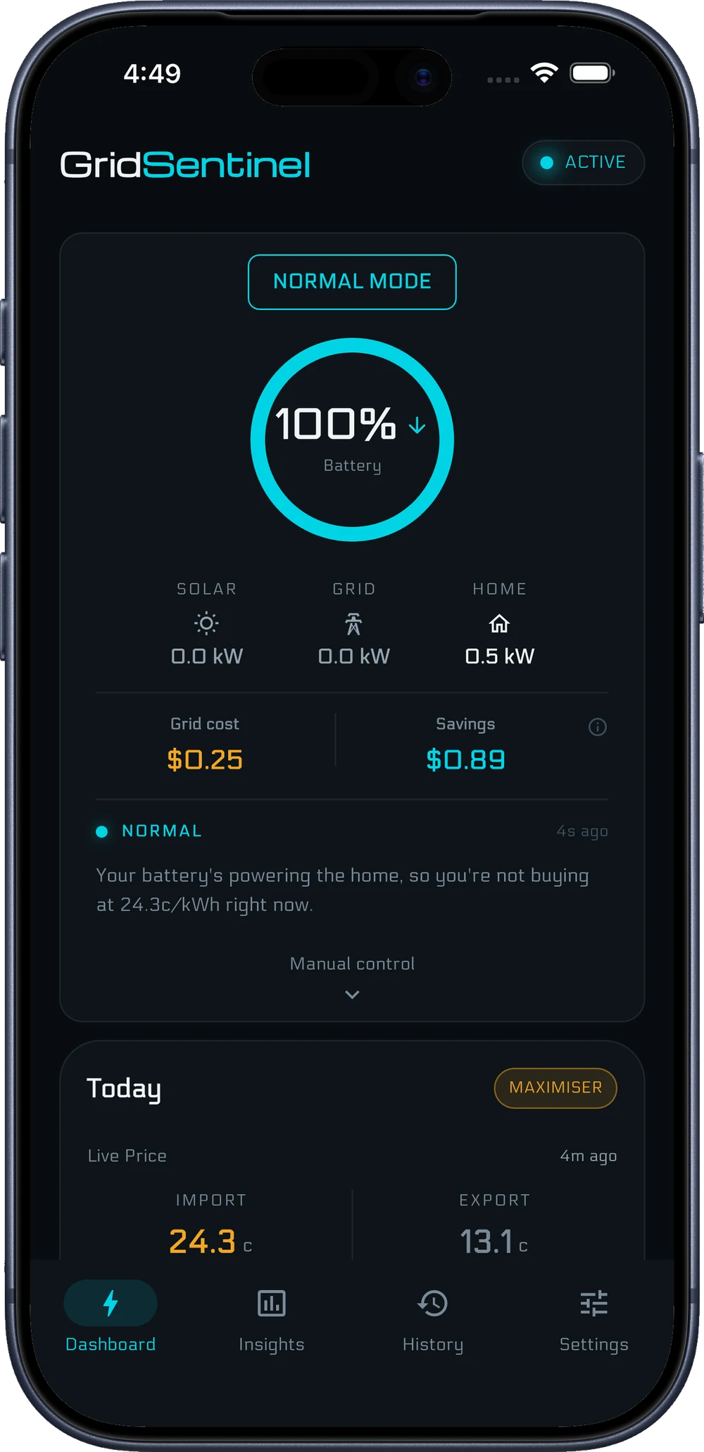 GridSentinel dashboard: battery at 100%, running in Normal mode, with today's grid cost and savings