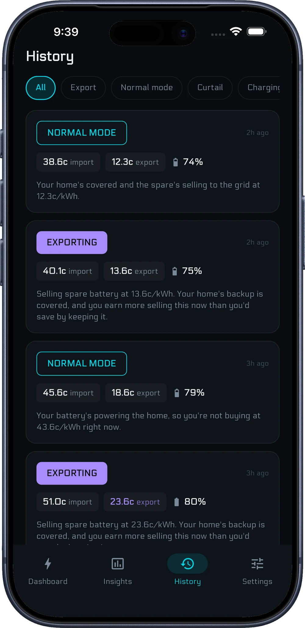 Decision history list, each entry in plain words with its price and battery level