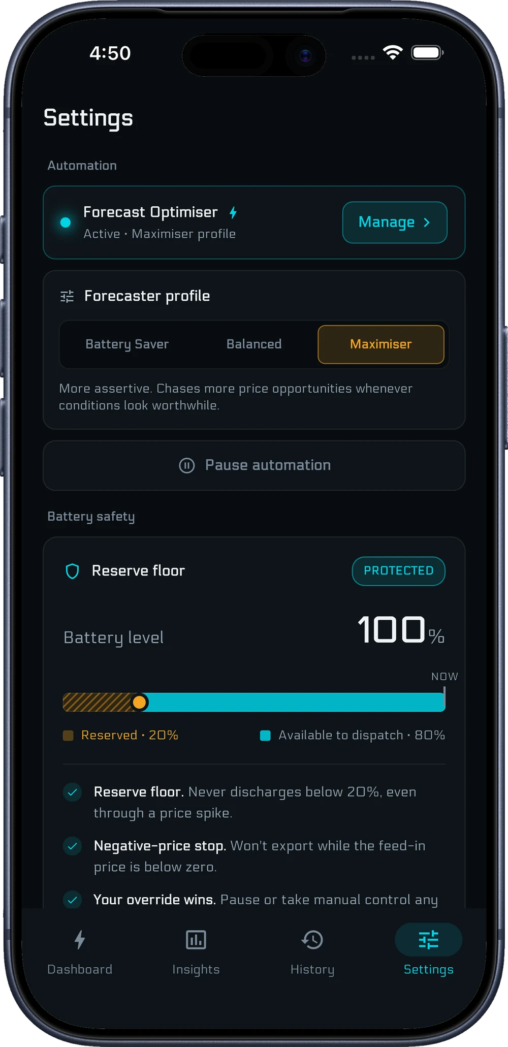 GridSentinel automation settings screen