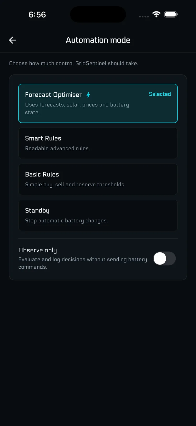 Automation mode picker in Settings