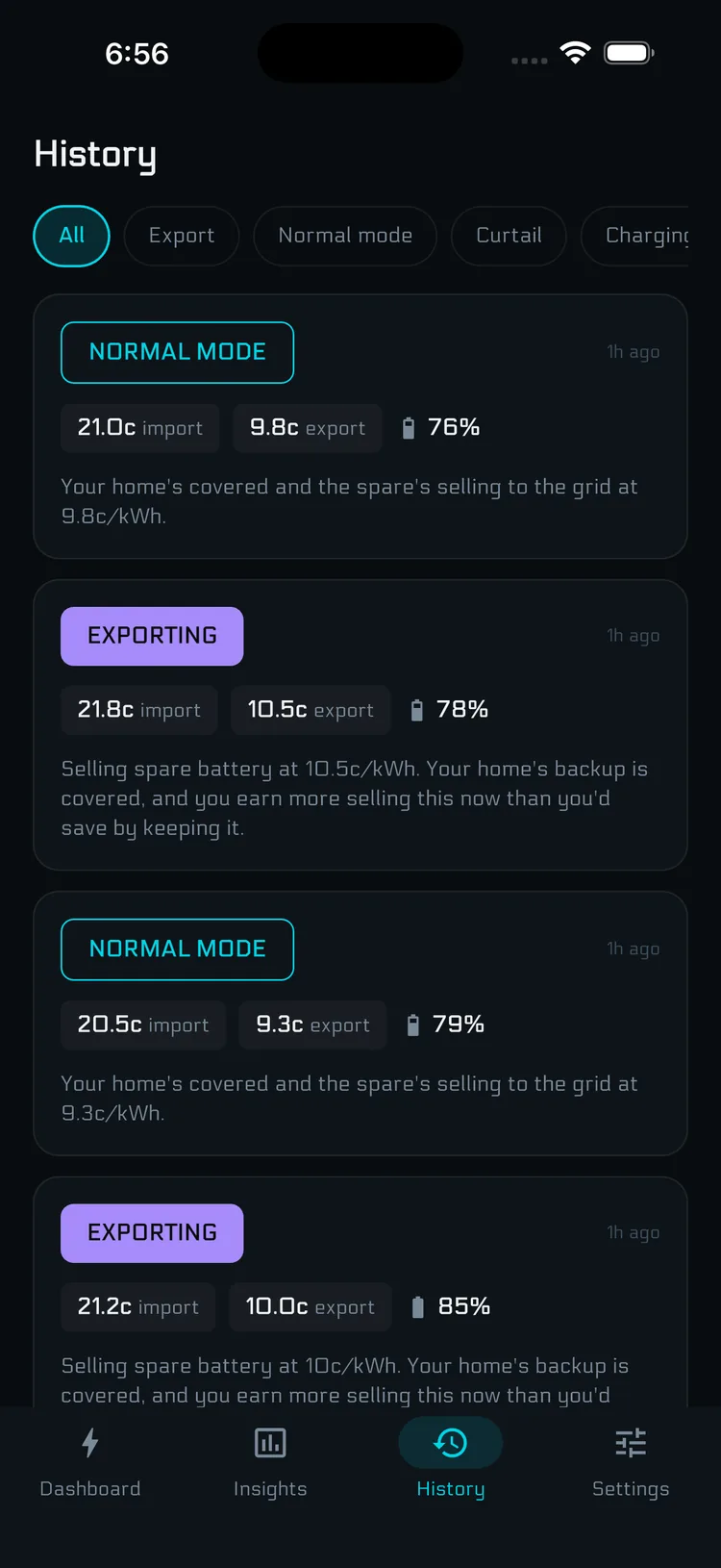 Decision history list with action, price, SOC and reason